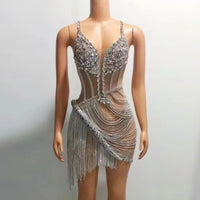 High Quality Sparkling Rainestone Tassels  Slip  Sheer  Mini Dress Birthday  Celebrate Evening Party Dress