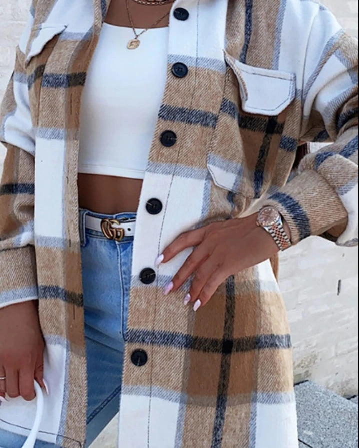 Women's Winter New Shirt Coat Plaid Print Retro Warm Jacket Coat Fashion Commuter Pocket Button Design Long Sleeve Dress