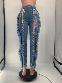 Criss Cross Lace Up Drawstring Denim Pants for Woman Elastic High Waist Side Tassels Jeans Streetwear Hollow Out Pencil Leggings