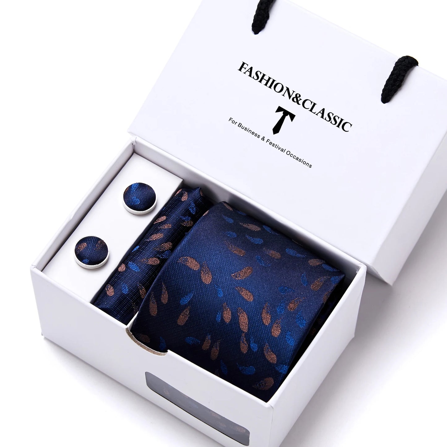 High Quality 7.5 cm Stripe Blue Tie Pocket Square Cufflinks Set For Men Gift Box Wedding Gravatas Fit Workplace