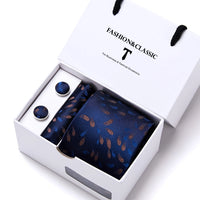 High Quality 7.5 cm Stripe Blue Tie Pocket Square Cufflinks Set For Men Gift Box Wedding Gravatas Fit Workplace