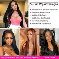 Full Machine V Part Straight Human Hair Wigs for Women Remy Hair Brazilian Natural Color No Leave Out Upgrade U Part Wigs