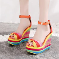 Women's Wedges Sandals Colorful Platform Rainbow Shoes Bowknot Hemp Bottom Female Ankle Buckle Strap Ladies Shoe Summer New 2021
