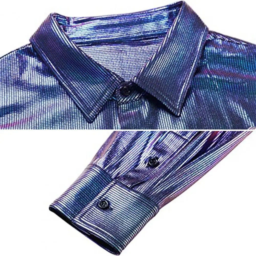 2025 Shirt Men Button Metallic Disco Shirt 70s Costume Men Gold Shirts For 70s Party Nightclub Wear Music Festival Men's Top