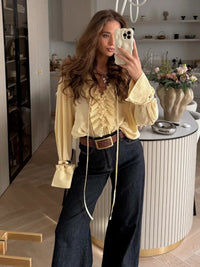 Women Solid Chiffon Ruffle Yellow Blouse Sheer V-neck Lace Up Full Flared Sleeve Shirts 2026 Summer Lady Fashion Loose Top New