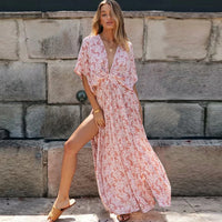 TEELYNN Sexy Deep V Neck Maxi Dress women Vestidos 2023 Vintage Floral print Side split Boho dresses Summer beach Casual Dresses