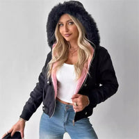 Large Fur Collar Hooded Zipper Sweatshirt Women's Jacket Winter Vintage Casual Hoodies Short Coat for Female Outfits Streetwear