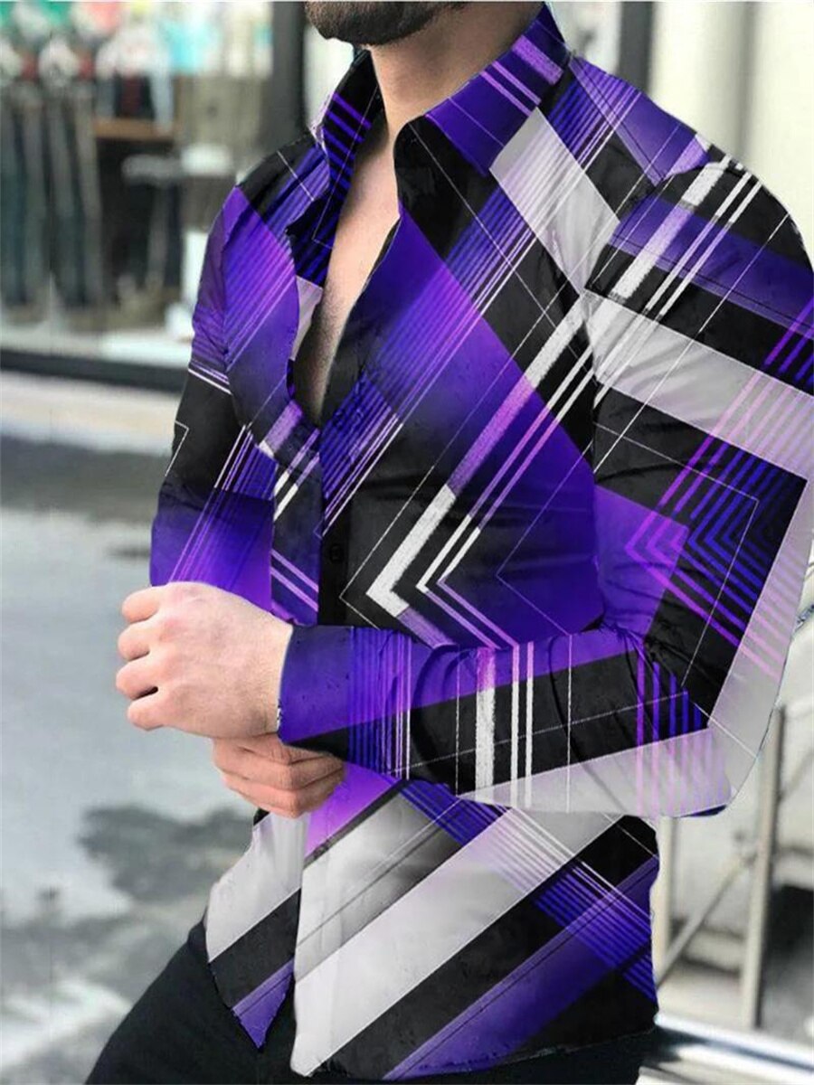 Shirt Men Lapel Stand Collar Fashion Casual Blue Purple Geometric Outdoor Street Party High Quality Fabric 2023 New Plus Size