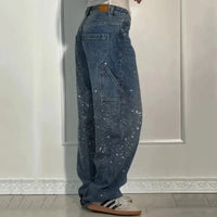 New Women Casual Hot Drilling Jeans Autumn Winter Cowboy Trousers High Waist Button Pockets Fashion Female Loose Straight Pants