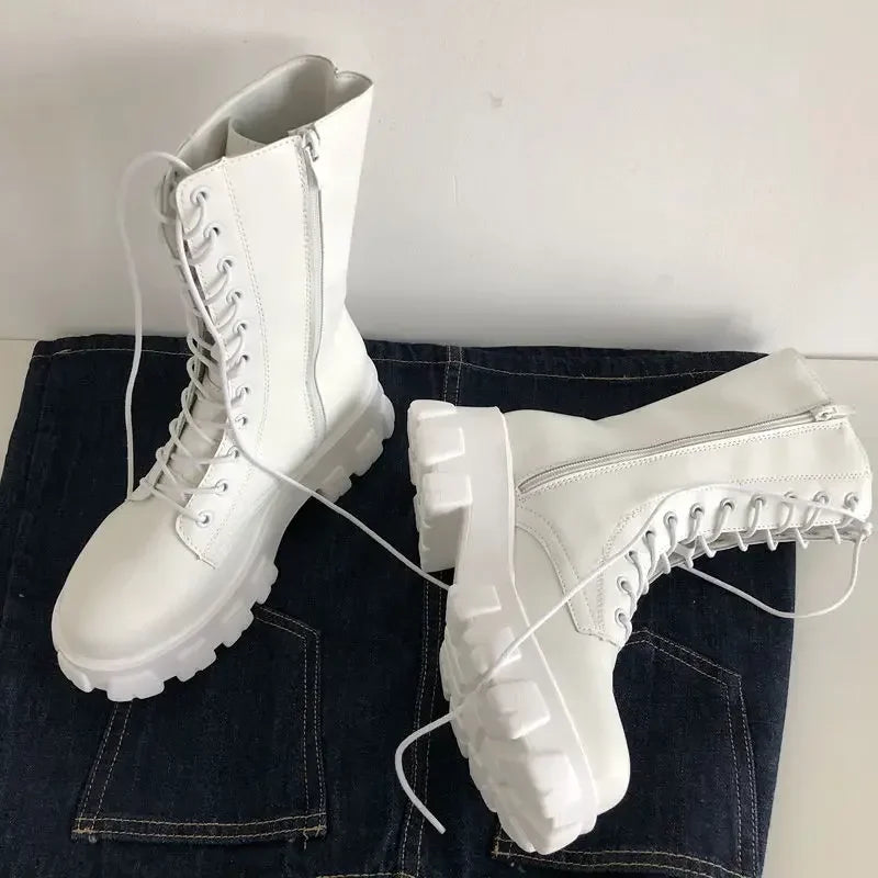Boots Women New Mid Calf Autumn Winter Fashion Lace-up Ladies Chelsea Zipper Botas Mujer Boots Sports Platform Heel Ladies Shoes