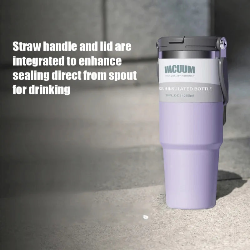 Portable Stainless Steel Thermal Cup , Large Capacity, Handheld with Dual Drinking Straw, Insulates Hot & Cold,Ideal for