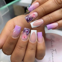 24Pcs Short Square False Nails with Jelly Adhesive Glitter Gradient Design Detachable Fake Fingernails Full Cover Press on Nails