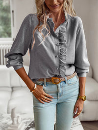 New Style 2024 temperament commuter blouse cardigan ruffled long-sleeved puffy-sleeved shirt blouse woman
