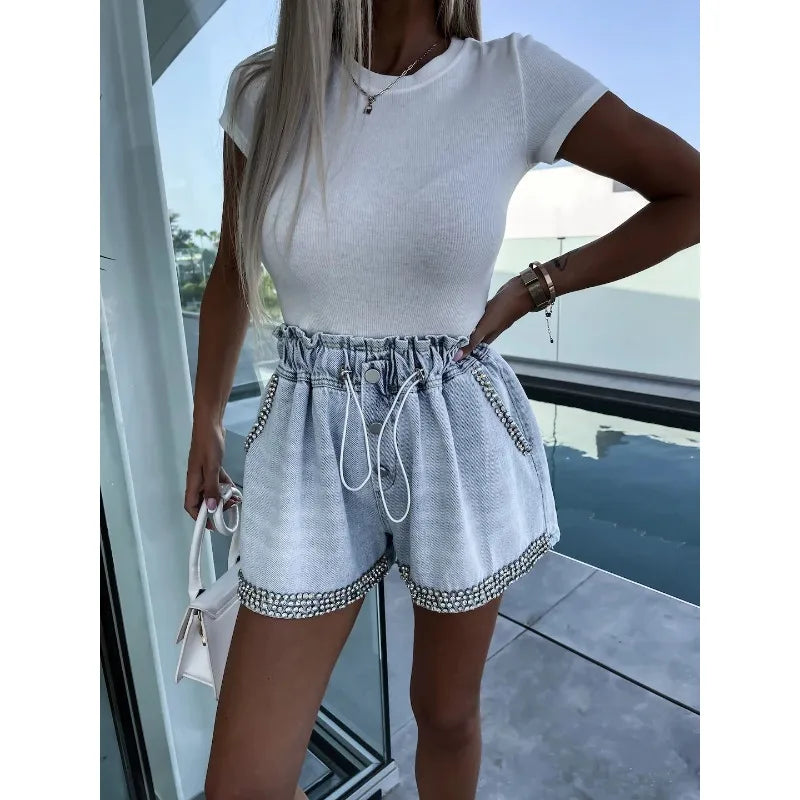 Wepbel Y2K Fashion Streetwear Short Jeans Women Summer Leisure Rhinestone Elastic Waist Denim Shorts Straight Short Jeans