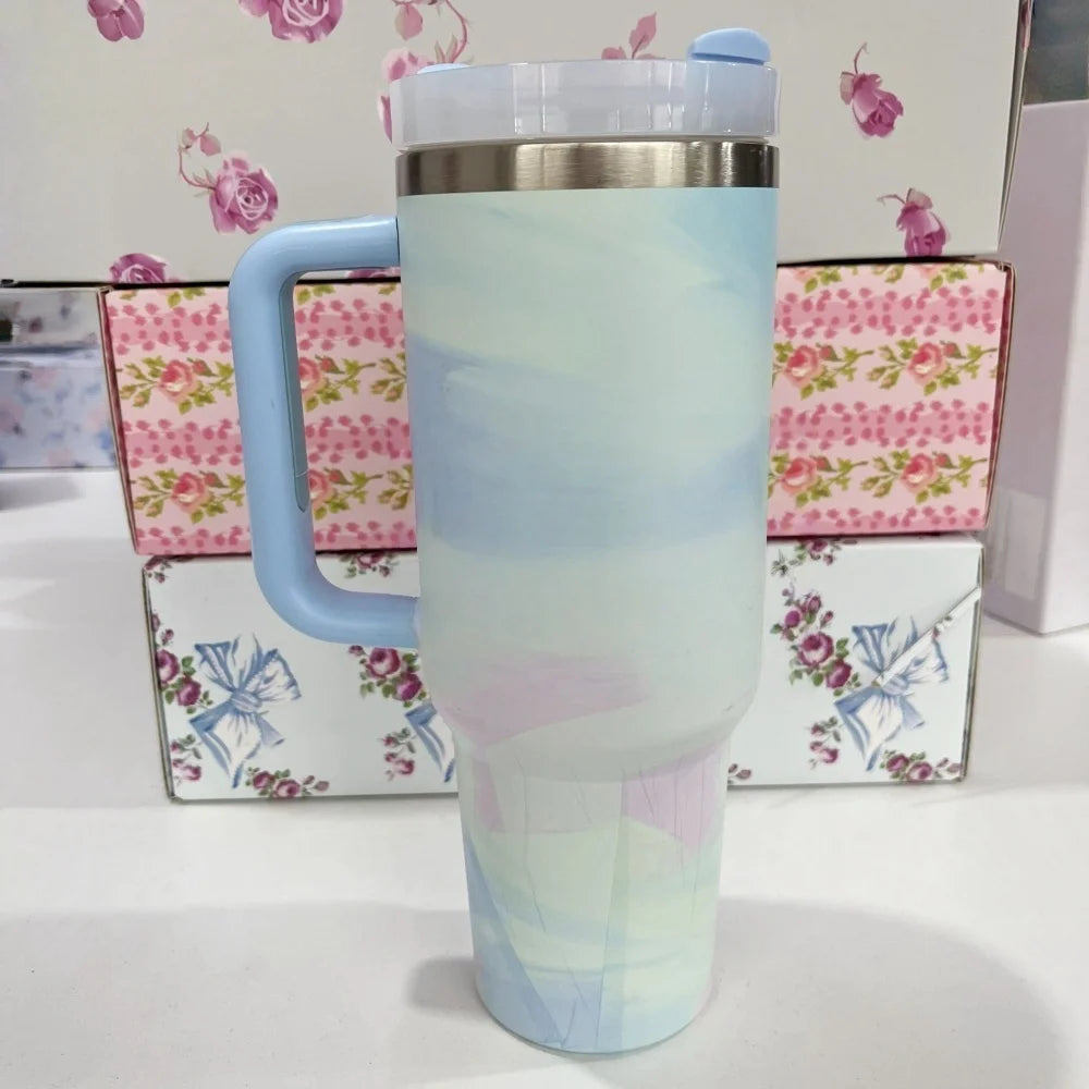 Stainless Steel Vacuum Insulated Car Cup with Dual Straw Lid, Thermal Icy Travel Handle 40oz New