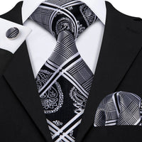 Barry.Wang Black White Gray Silver Men Tie Handkerchief Cufflinks Set Jacquard Necktie for Male Wedding Business Party Gift