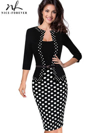 Nice-Forever One-Piece Faux Jacket Retro Contrast Polka Wear to Work Business Vestidos Office Bodycon Women Sheath Dress B407