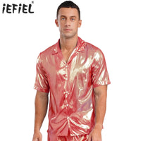 Mens  Shine Button See Through Shirt Top for Disco Party Rave Outfits Turn-down Collar Hip Hop Blouses Beachwear Rave Clubwear