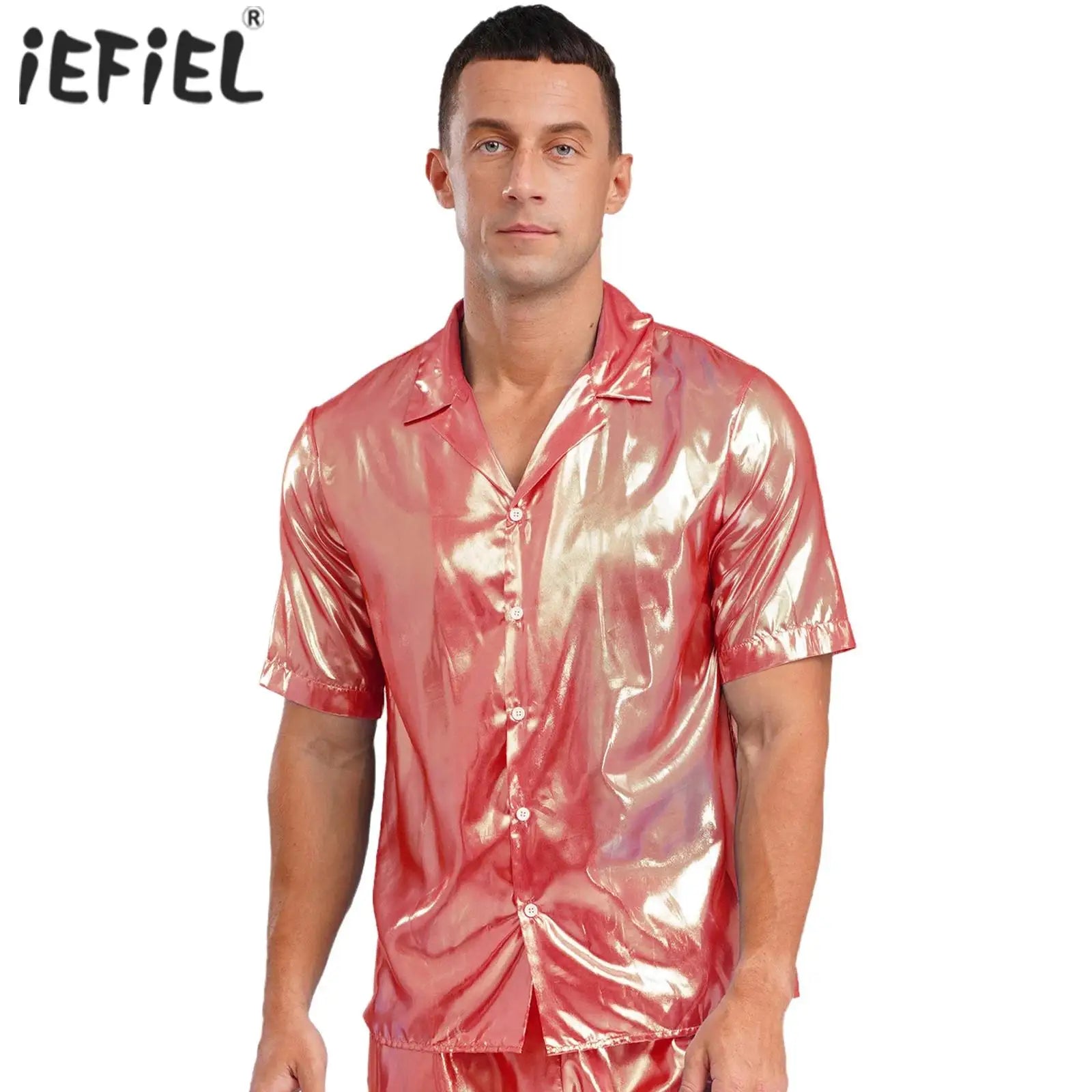 Mens  Shine Button See Through Shirt Top for Disco Party Rave Outfits Turn-down Collar Hip Hop Blouses Beachwear Rave Clubwear