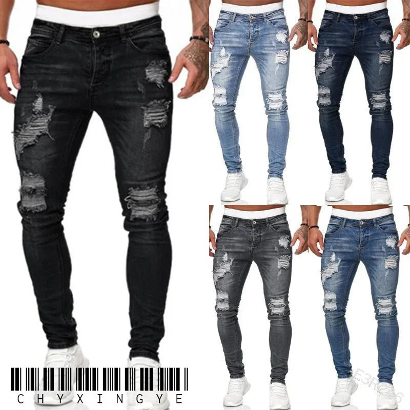 2023 White Embroidery Skinny Ripped Jeans Men Cotton Stretchy Slim Fit Hip Hop Denim Pants Casual Jeans for Men Jogging Trousers