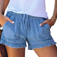 Women's Washed Denim Shorts, Casual Drawstring Elastic Waist Frayed Hem Loose Short Jeans