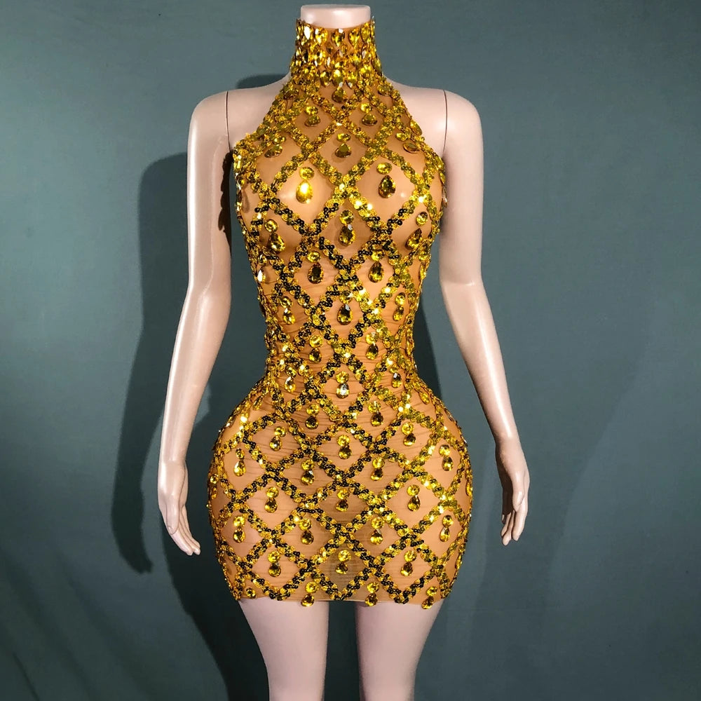 Sparkly Rhinestones Short Dress for Women Sexy Mesh Transparent Celebrate Evening Prom Event Birthday Dress Photo Shoot Wear