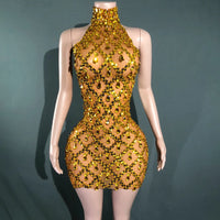 Sparkly Rhinestones Short Dress for Women Sexy Mesh Transparent Celebrate Evening Prom Event Birthday Dress Photo Shoot Wear