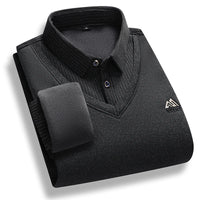 Men's Fleece Lined Sweater Polo Collar Pullover Tops Fake Two Piece Fashion Business Causal Pullovers Thick Winter Clothes