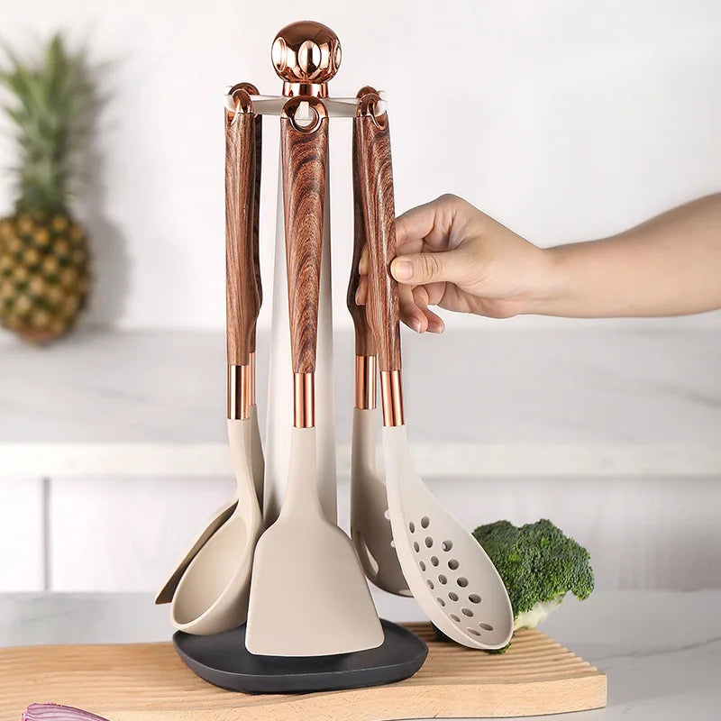 Heat-resistant Covering Handle Kitchenware Utensils Set Silicone Gold-plated Spatula Spoon Scraper Non-Stick Kitchen Cookware