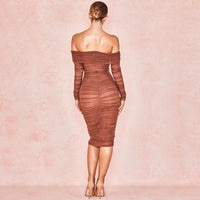 WillBeNice 2023 Women Sexy Brown Draped Bandage Mid Dress Bodycon Off-Shoulder Long-sleeves Club Celebrity Evening Party Dresses