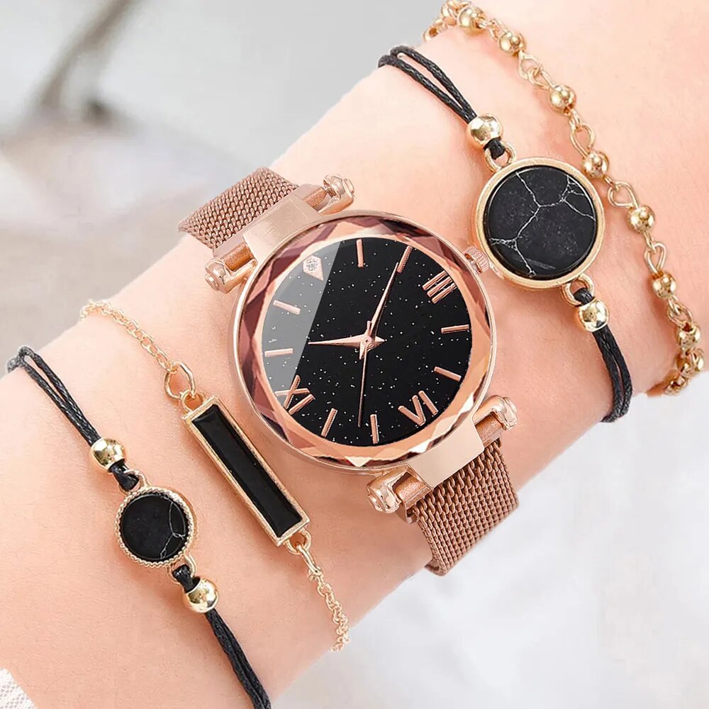 5PCS Watch Set Luxury Magnet Buckle Women Watches Dropshipping Bracelet Ladies Quartz Wrist Watch Female Clock Gift Reloj Mujer