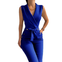 Women Jumpsuits Pants Sleevless V-neck Buttons Pocket Slim Elegant Bodysuits Rompers Outfits Trousers Causal Ladies Overalls