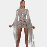 Sparkly Sequined Crystals Tassel Sleeve Short Dress Women Birthday Celebrate Party Dress Mesh Transparent Sexy Stage Show Wear