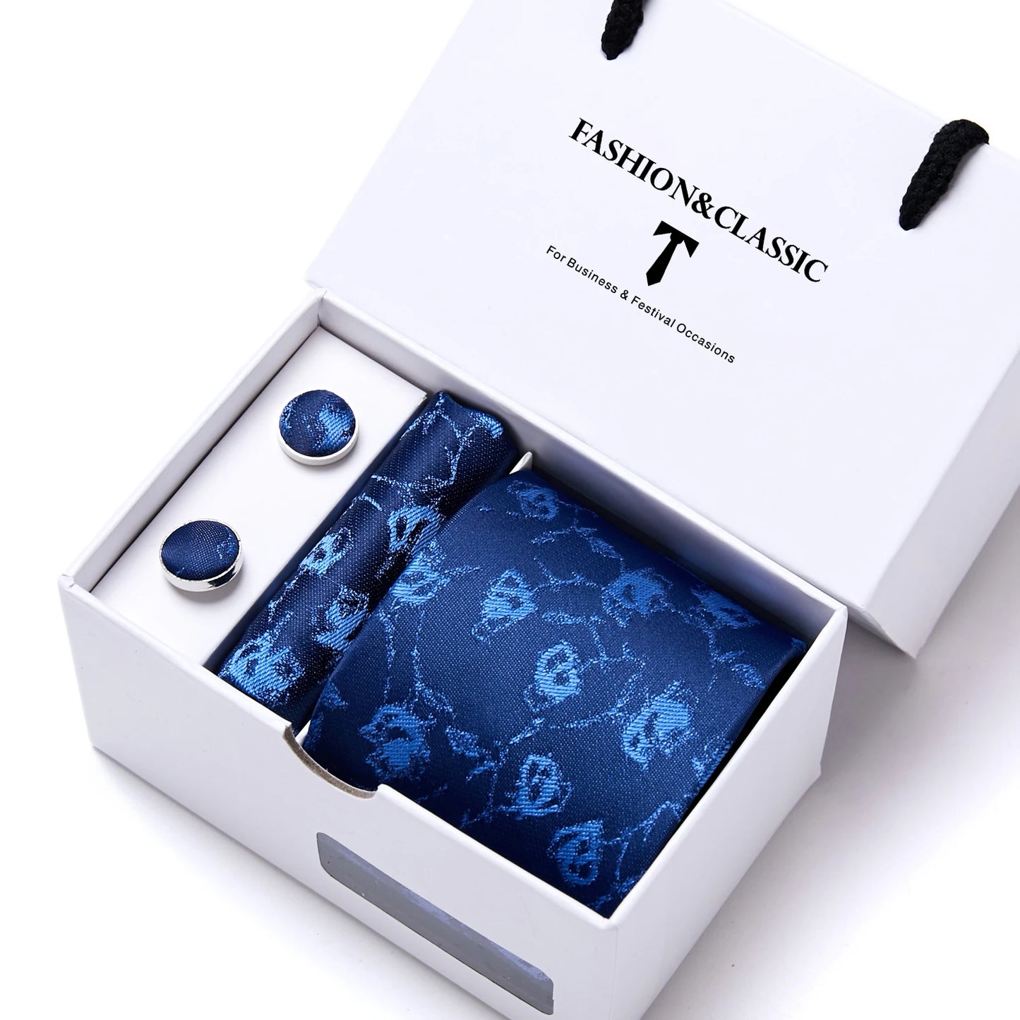 High Quality 7.5 cm Stripe Blue Tie Pocket Square Cufflinks Set For Men Gift Box Wedding Gravatas Fit Workplace