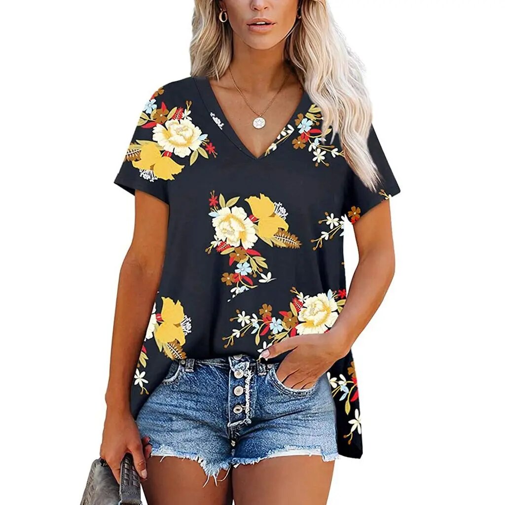 Women'S T-Shirt Summer Short-Sleeved Tops Casual Floral Print Fashion V-Neck Tshirt Summer Short-Sleeved Fancy Pullover Clothing