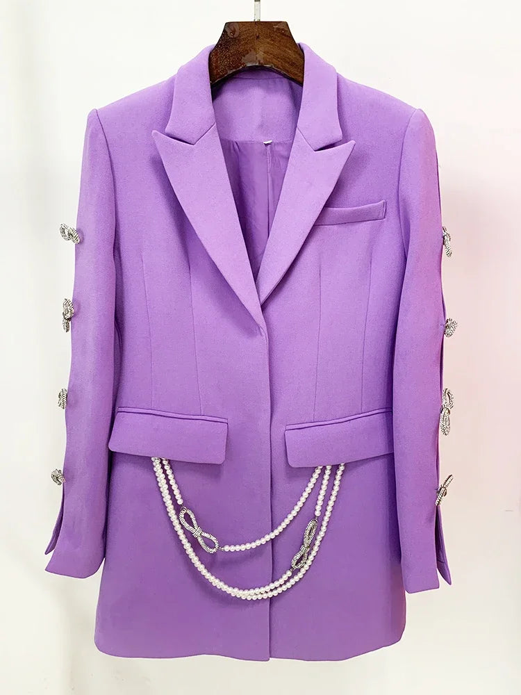 HIGH STREET Newest 2025 Designer Stylish Fashion Women's Pearls Chain Diamonds Beaded Hollow Out Bow Sleeve Blazer Dress