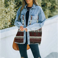 Autumn and Winter New Polo Neck Pocket Denim Panel Wool Coat Women's Vintage Jacket