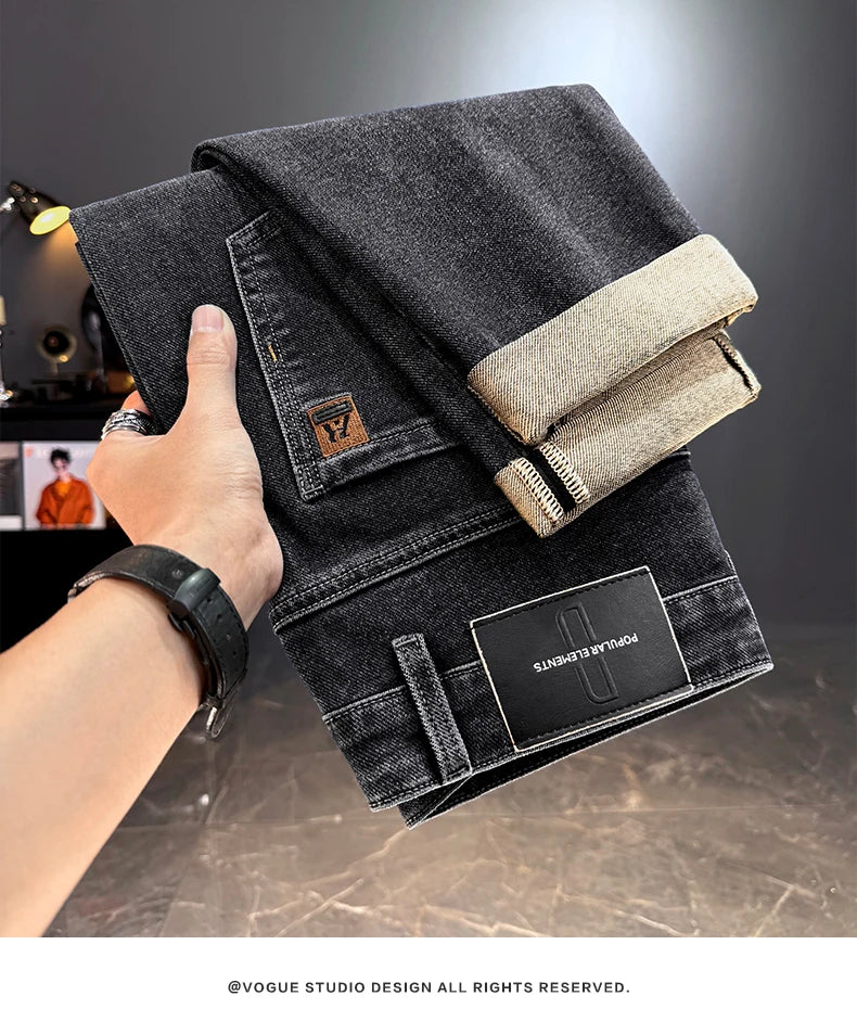 Men's Jeans Casual Long Straight Stretch Denim Pants Autumn Winter Classic Belted Jeans Korean Fashion Blue Black Jean Trousers