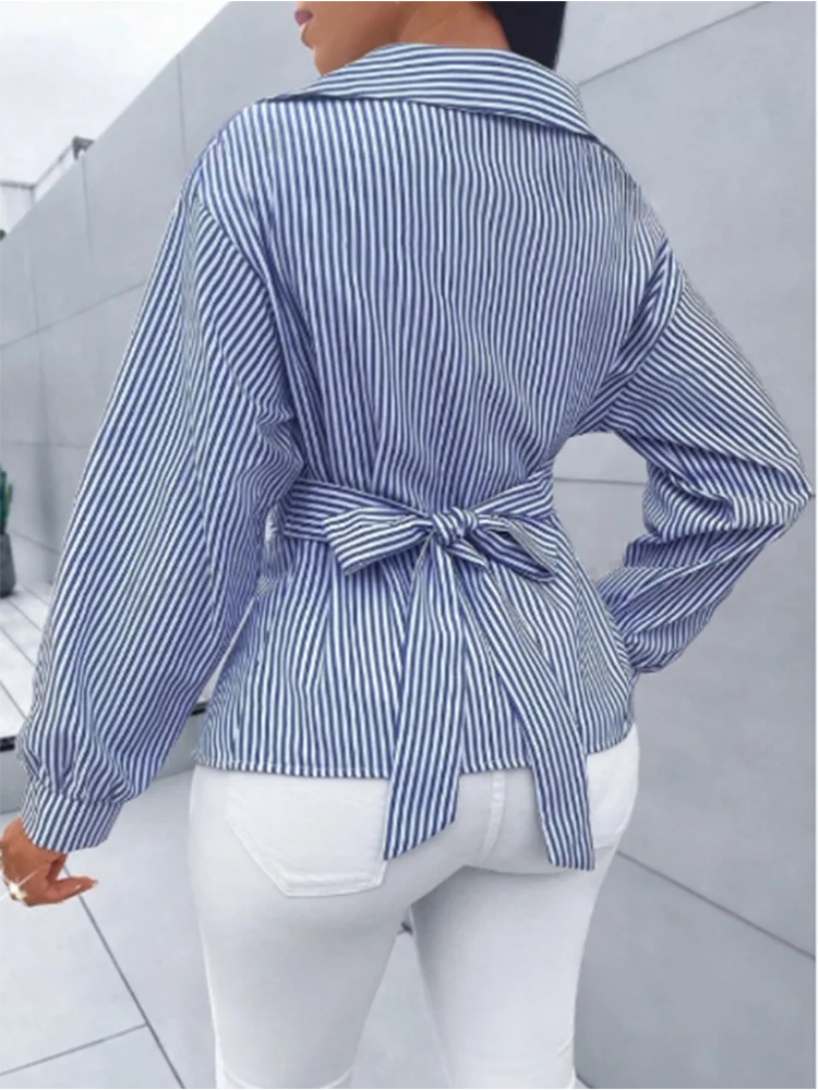 Striped V-neck Long Sleeved Lace Button Up Women's T-shirt Fashionable Versatile Daily Urban Style Spring Top