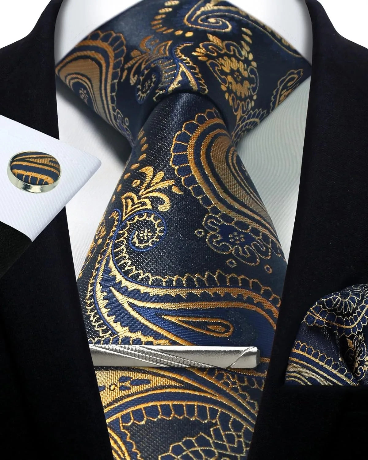 Mens Tie Set Silk Silver Paisley Floral Necktie and Pocket Square Cufflinks Tie Clip Classic Formal Ties for Men Wedding Party