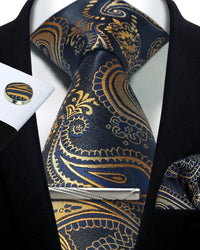 Mens Tie Set Silk Silver Paisley Floral Necktie and Pocket Square Cufflinks Tie Clip Classic Formal Ties for Men Wedding Party