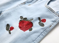 European and American Men's Casual Jeans with Embroidered Roses, Fashionable Ripped, Slim-fit, Stretch, Ankle-length Trousers