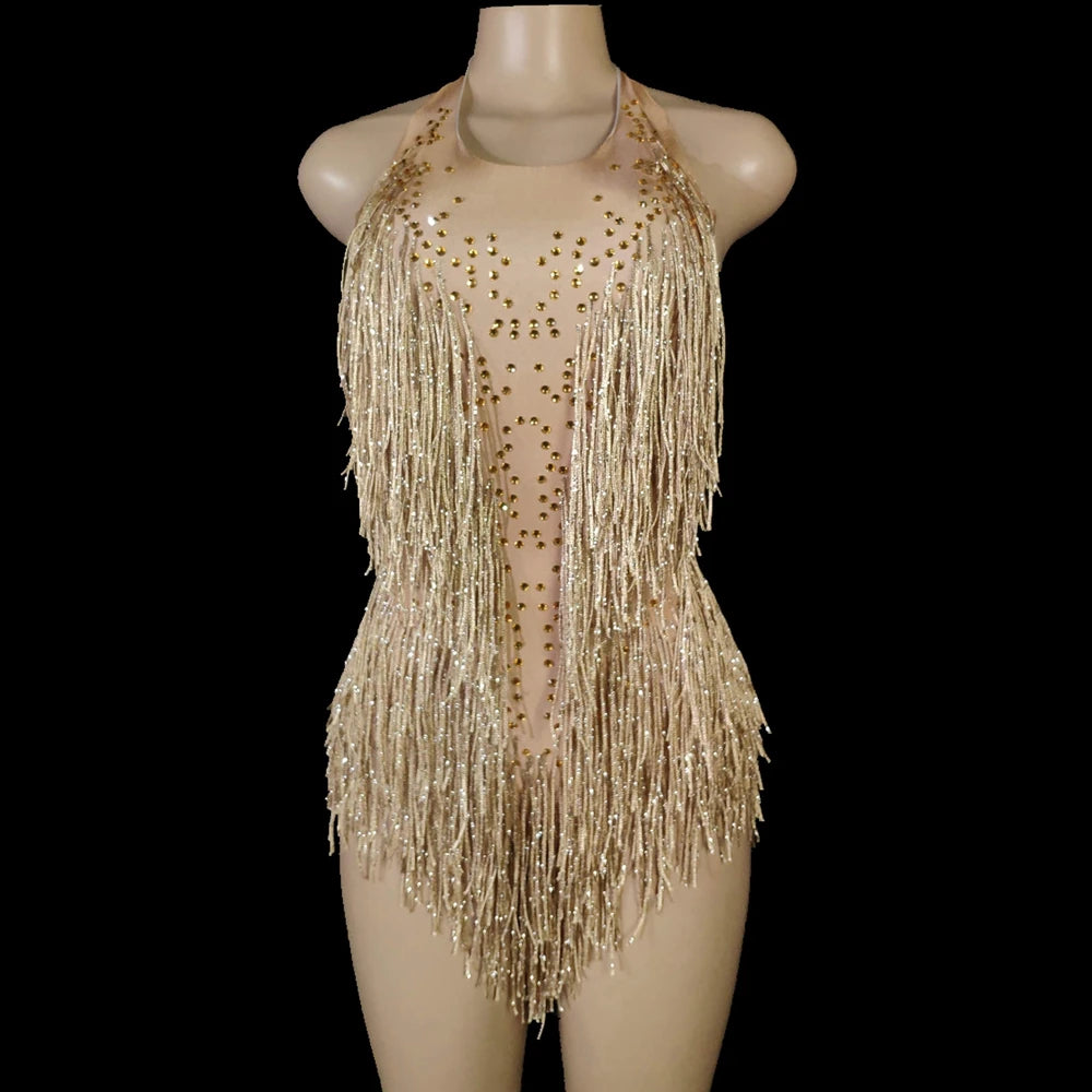 Sparkly Rhinestones Fringes Bodysuit Women Nightclub Outfit Glisten Dance Costume One-piece Dance Wear Singer Stage Leotard