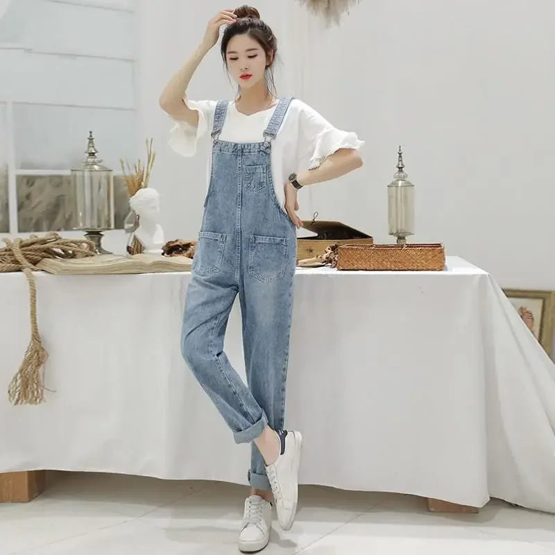 Denim Jumpsuits Women Spring Basic Washed Blue Overalls Outwear Office Lady Womens Elegant Long Trouser Rompers Female Casual