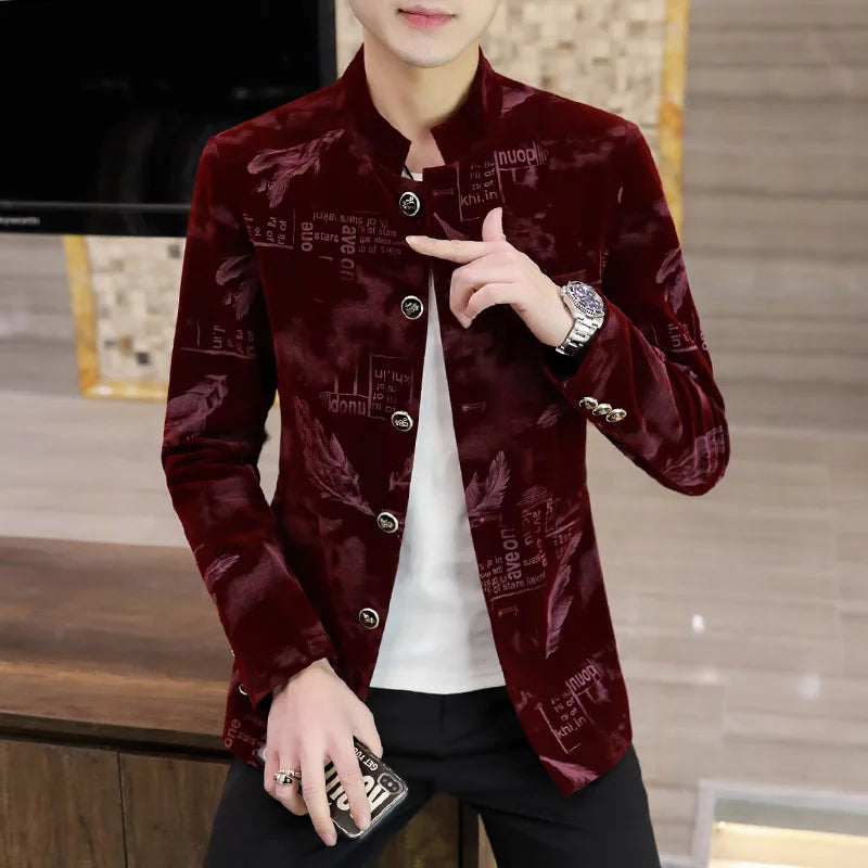 Luxury Retro Velvet Suit Jacket for Men Fashion Slim Fit Stand Collar Blazer Masculino Casual Business Wedding Dress Coat 2023