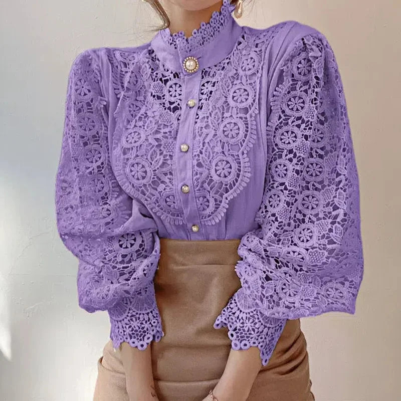Shirt Women Blusas Mujer De Moda Office Lady Flower Blouse Spring Hollow Out Lace  Stand Collar Button Female Clothing 12419