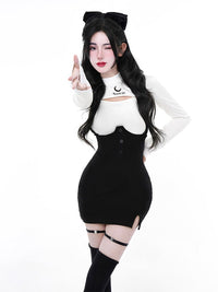 Black Korean Style Two-piece Set Women Bodycon Elegant Sexy Party Mini Skirt Suit 2023 Y2k White Blouse + Split Suspenders Skirt