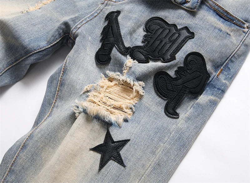 High Quality Men’s Slim-fit Blue Ripped Jeans,Light Luxury Embroidery Decorating Sexy Jeans,Stylish Street Fashion Jeans;