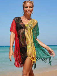 Rainbow Crochet Dress Knit Beach Cover Up Short Sleeve Tassel Tunic Women Fashion 2022 New Beachwear Swimsuits 5 Colors