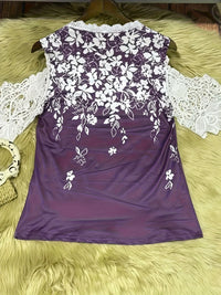 Large size women's fashionable temperament lace patchwork V-neck print off shoulder sleeves lace patchwork top
